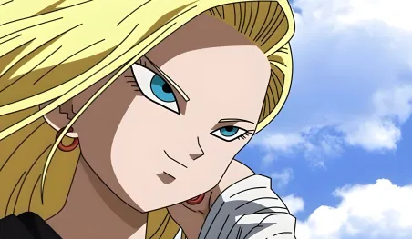 Androïde 18 souriante dans l'univers Dragon Ball, un personnage clé du sondage de popularité