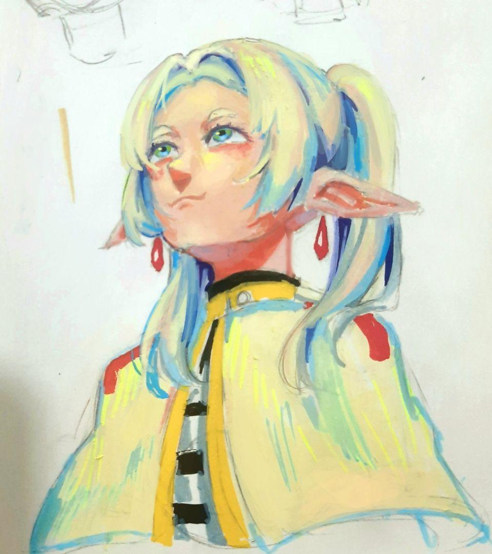 Un fan art amusant de Frieren adoptant le célèbre angle déformé