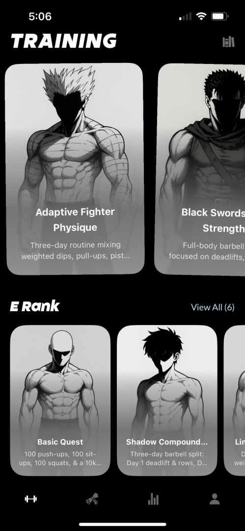 Écran de progression et de missions de l'application Arise AI