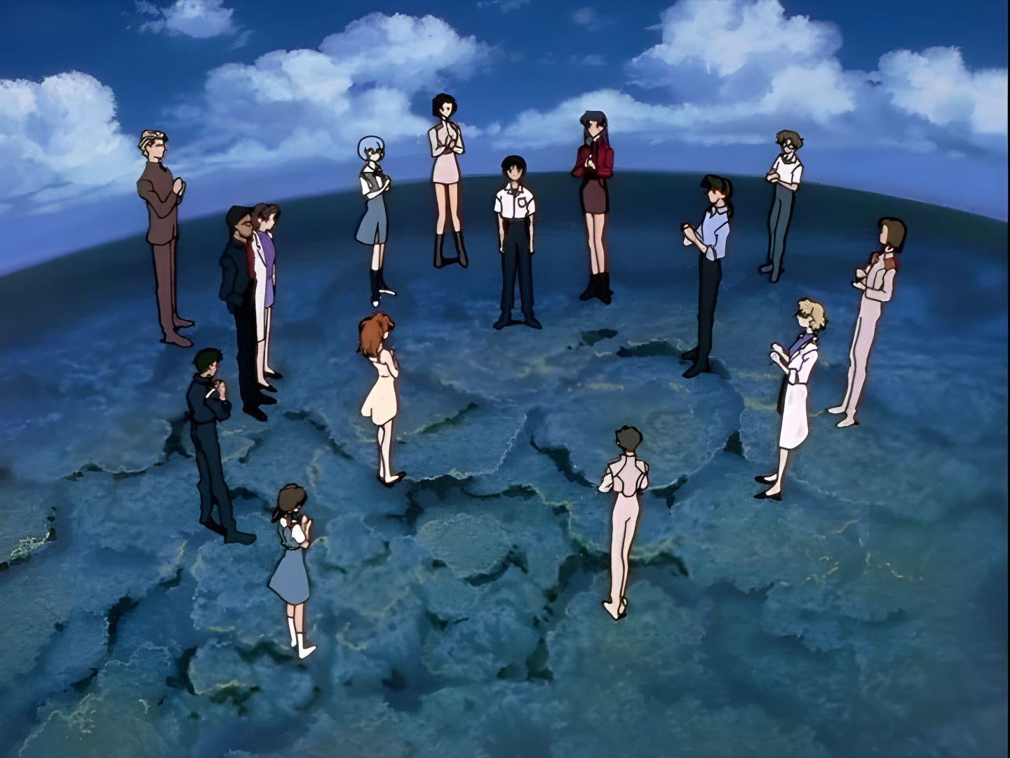 Shinji Ikari recevant des félicitations dans le final télévisé de Neon Genesis Evangelion