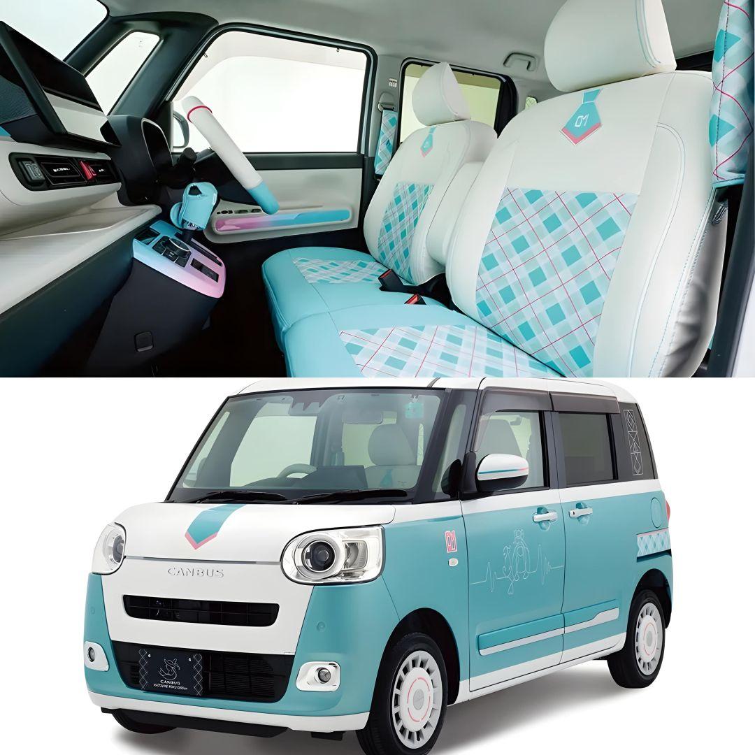 Détail des housses de sièges Hatsune Miku pour Daihatsu Move Canbus